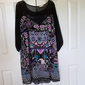 Sheer Colorful Geometric Print Sheath Dress 1X